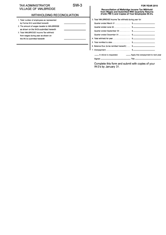 Form Sw-3 - Withholding Reconciliation - Village Of Walbridge - 2010 Printable pdf