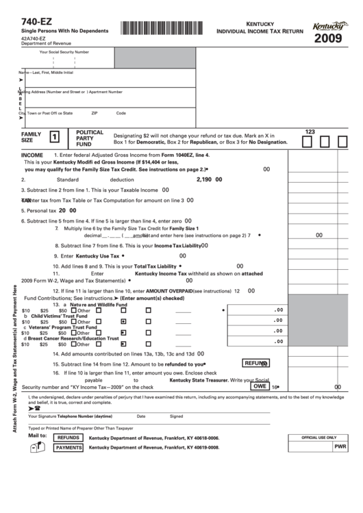 Fillable Form 740-Ez - Individual Income Tax Return - 2009 Printable pdf