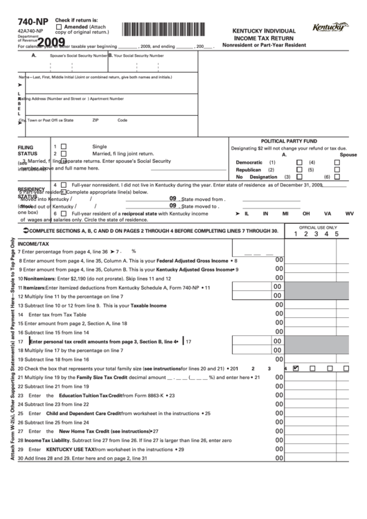 Fillable Form 740-Np - Kentucky Individual Income Tax Return Nonresident Or Part-Year Resident - 2009 Printable pdf