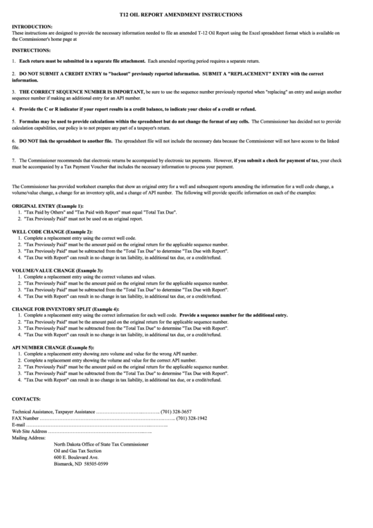 Form T12 - Oil Report Amendment Instructions Printable pdf