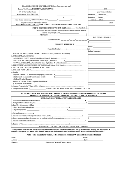 Tax Return Form Village Of New Lebanon printable pdf download