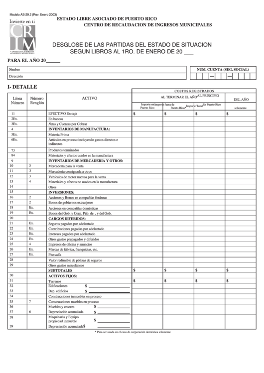 Form As-29.2 - Desglose De Las Partidas Del Estado De Situacion Printable pdf