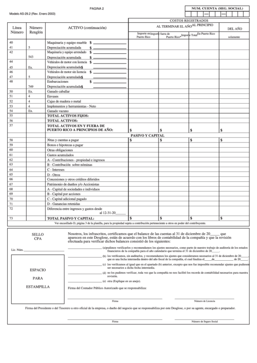 Form As-29.2 - Desglose De Las Partidas Del Estado De Situacion (Continuation) Printable pdf