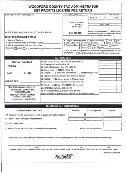 Woodford County Tax Administrator Net Profits License Fee Return Form Printable pdf