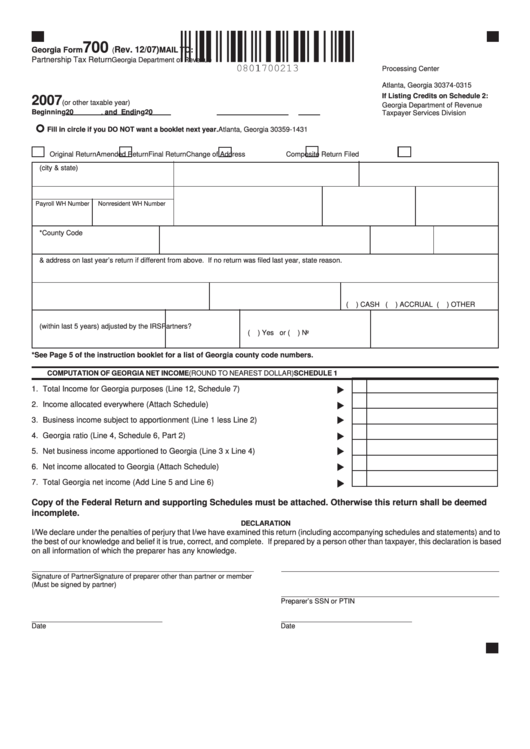 Georgia Form 700 - Partnership Tax Return - 2007 Printable pdf