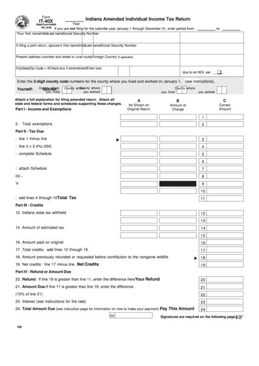Form It-40x - Indiana Amended Individual Income Tax Return Printable pdf