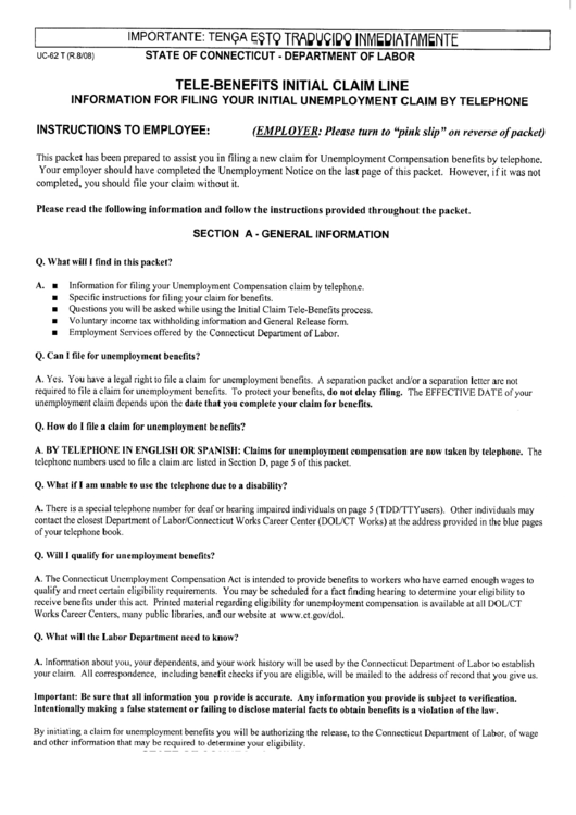 Instructions For Form Uc-62 T - Tele-Benefits Initial Claim Line Printable pdf