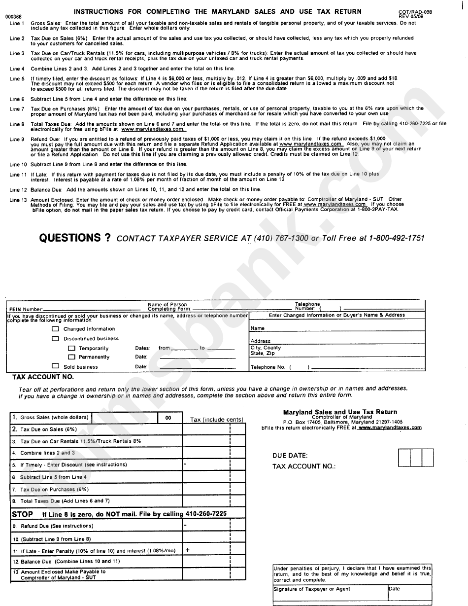 Form Cot/rad-098 - The Maryland Sales And Use Tax Return 2008