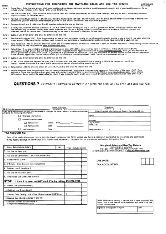 Form Cot/rad-098 - The Maryland Sales And Use Tax Return 2008 Printable pdf