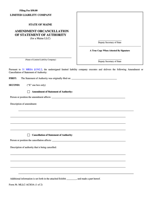 Fillable Form Mllc-Acsoa - Amendment Or Cancellation Of Statement Of Authority Printable pdf