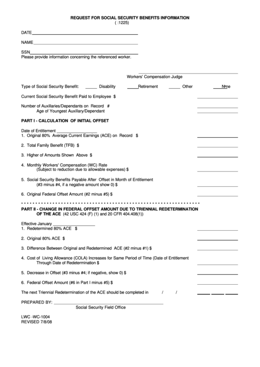 Fillable Form Lwc -Wc-1004 - Request For Social Security Benefits Information - 2008 Printable pdf