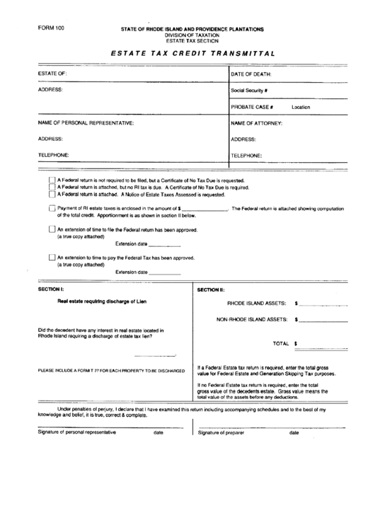 Form 100 - Estate Tax Credit Transmittal Printable pdf