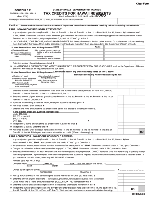 Fillable Form N-11/n-13/n-15 - Schedule X - Tax Credits For Hawaii