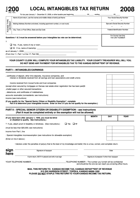 Form 200 - Local Intangibles Tax Return - 2008 Printable pdf
