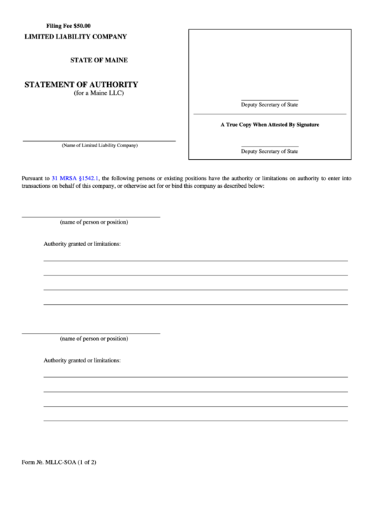 Fillable Form Mllc-Soa - Limited Liability Company - Statement Of Authority Printable pdf