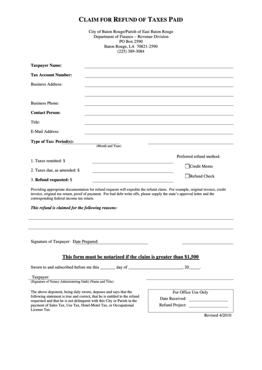 Claim For Refund Of Taxes Paid Form Printable pdf