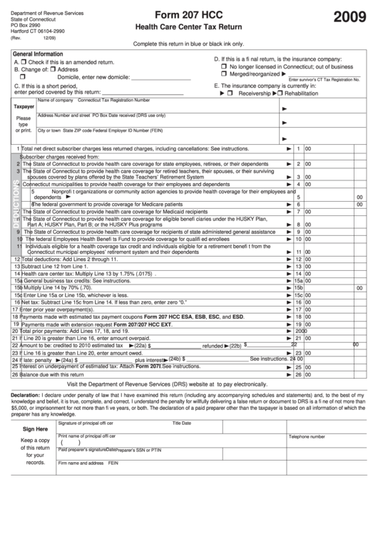 Form 207 Hcc - Health Care Center Tax Return - 2009 Printable pdf