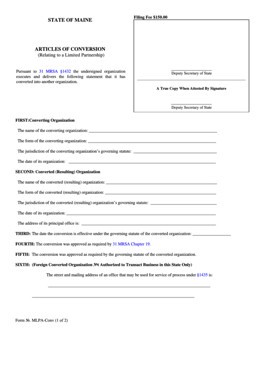 Fillable Form Mlpa-Conv - Articles Of Conversion Printable pdf