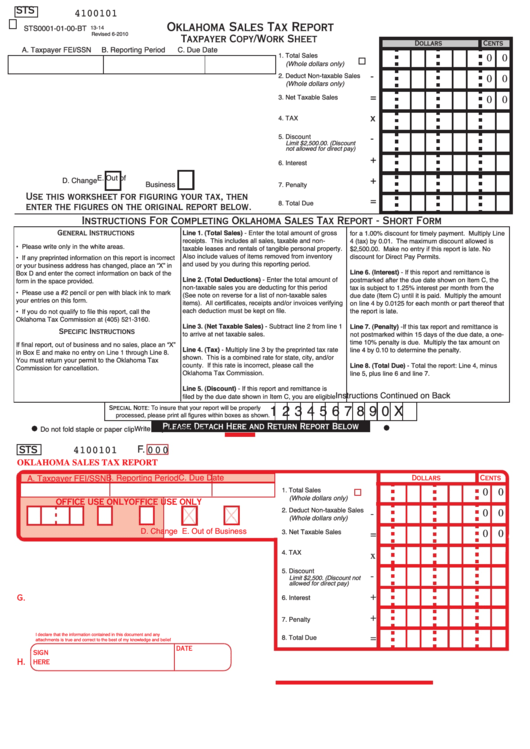 Fillable Form Sts0001-01-00-Bt - Oklahoma Sales Tax Report Printable pdf