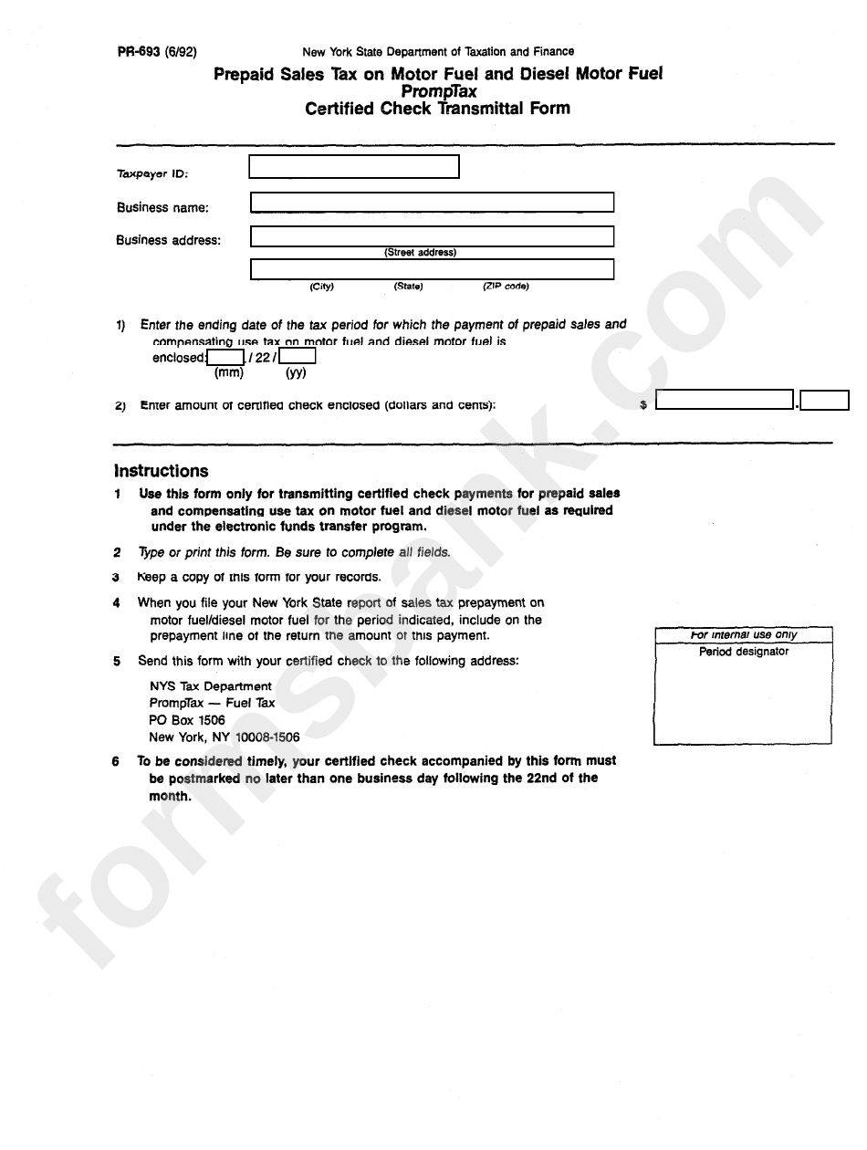 Form Pr-693 - Certified Check Transmittal - New York State Department Of Taxtation And Finance