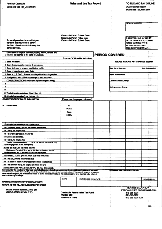 Sales And Use Tax Report Form - Parish Of Catahoula Printable pdf