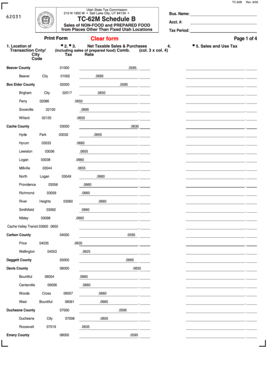 Fillable Form Tc-62m Schedule B - Sales Of Non-Food And Prepared Food From Places Other Than Fixed Utah Locations - 2009 Printable pdf