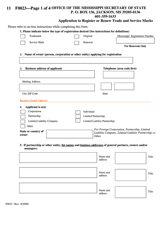 Fillable Form F0023 - Application To Register Or Renew Trade And Service Marks 2008 Printable pdf