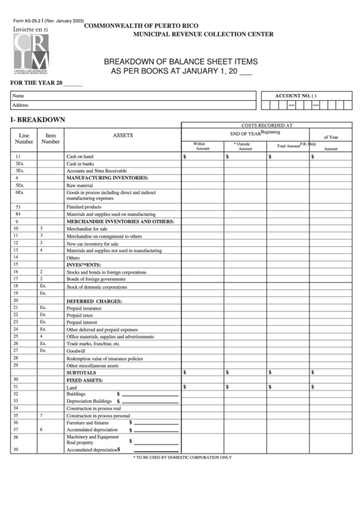 Form As-29.2 I - Breakdown Of Balance Sheet Items Printable pdf