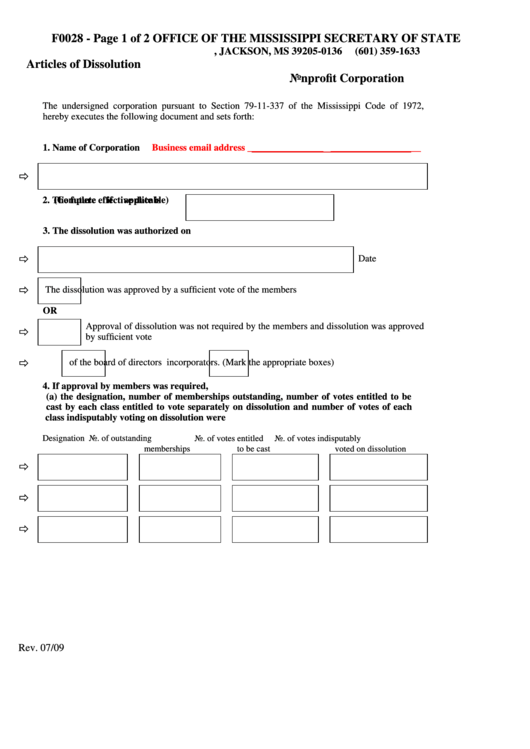 Fillable Form F0028 - Articles Of Dissolution Nonprofit Corporation 2009 Printable pdf
