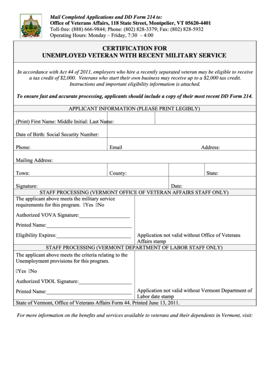 Fillable Form For Certification For Unemployed Veteran With Recent Military Service Printable pdf