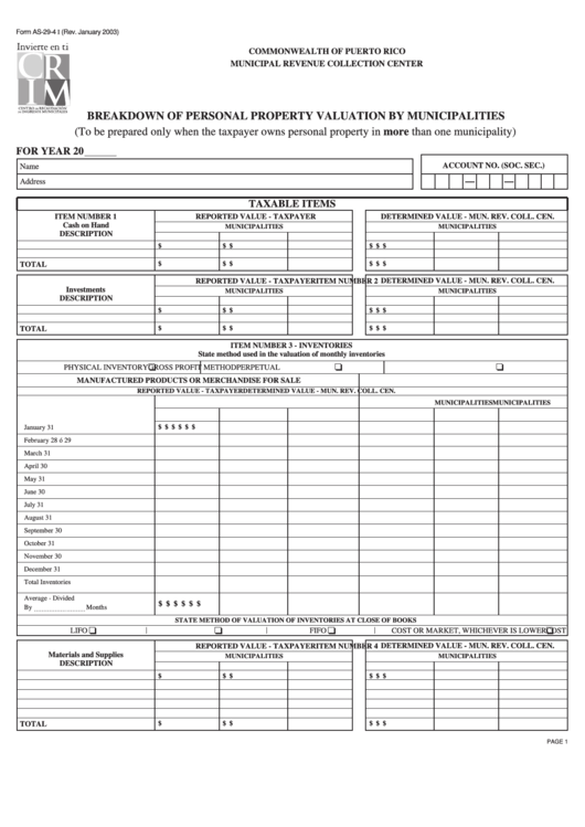 Form As-29-4 I - Breakdown Of Personal Property Valuation By Municipalities Printable pdf
