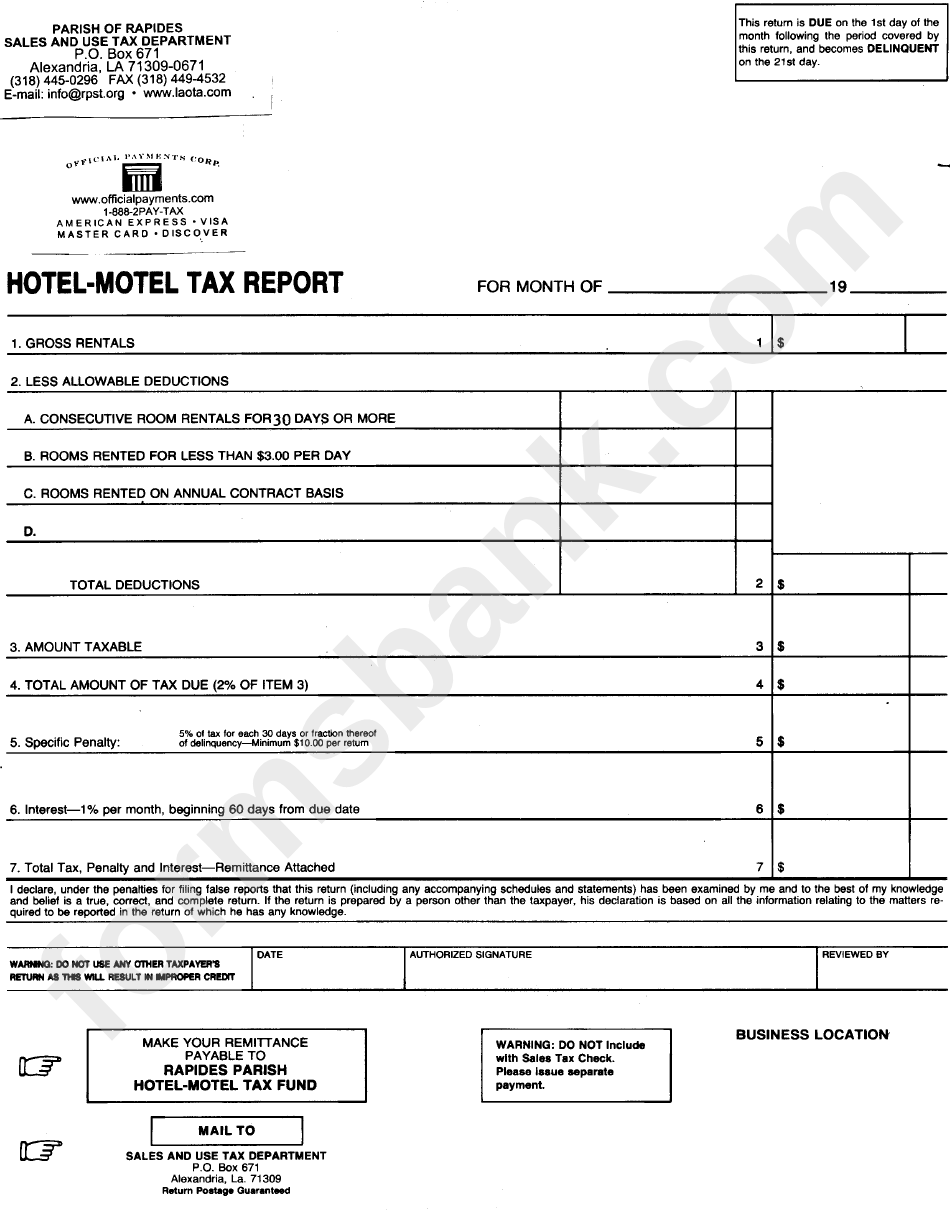 Hotel-Motel Tax Report Form Louisiana - Sales And Use Tax Department
