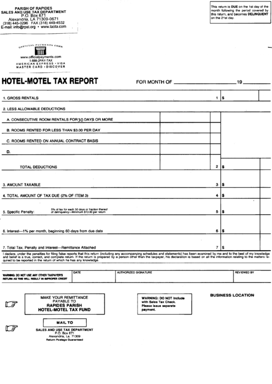 Hotel-Motel Tax Report Form Louisiana - Sales And Use Tax Department Printable pdf
