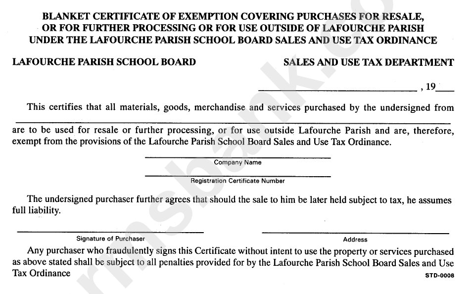 Form Std-0008 - Blanket Certificate Of Exemption Covering Purchases For Resale - Sales And Use Tax Department