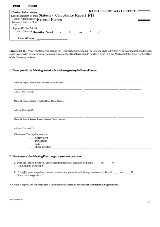 Fillable Statutory Compliance Report Form - Funeral Homes Printable pdf