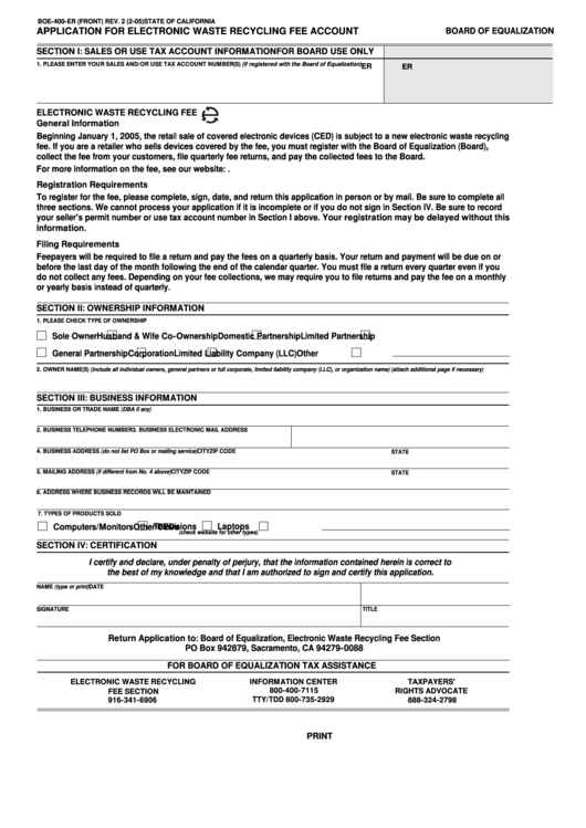 Fillable Form Boe-400-Er - Application For Electronic Waste Recycling Fee Account - California Printable pdf