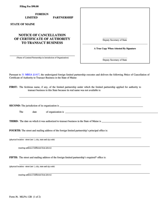 Fillable Form Mlpa-12b - Notice Of Cancellation Of Certificate Of Authority To Transact Business Printable pdf