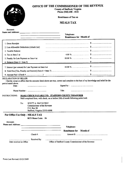 Form For Remittance Of Tax On Meals Tax Printable pdf