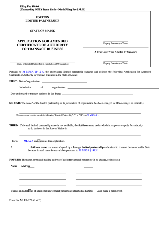 Fillable Form Mlpa-12a - Application For Amended Certificate Of Authority To Transact Business Printable pdf