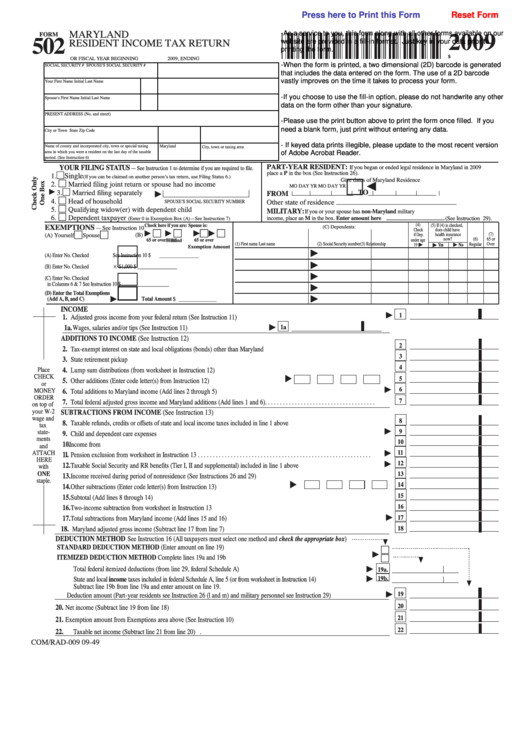 Fillable Form 502 - Maryland Resident Income Tax Return Printable pdf