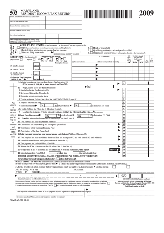 Fillable Form 503 - Maryland Resident Income Tax Return - 2009 Printable pdf