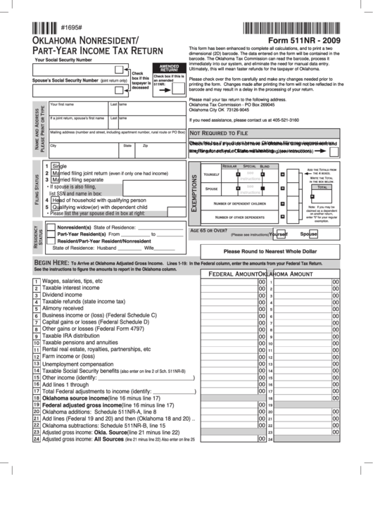 Fillable Form 511nr - Oklahoma Nonresident/part-Year Income Tax Return - 2009 Printable pdf