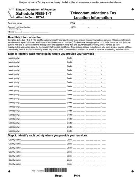 Fillable Form Reg-1 - Schedule T - Telecommunications Tax Location Information Printable pdf