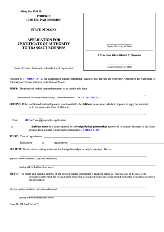 Fillable Form Mlpa-12 - Application For Certificate Of Authority To Transact Business Printable pdf