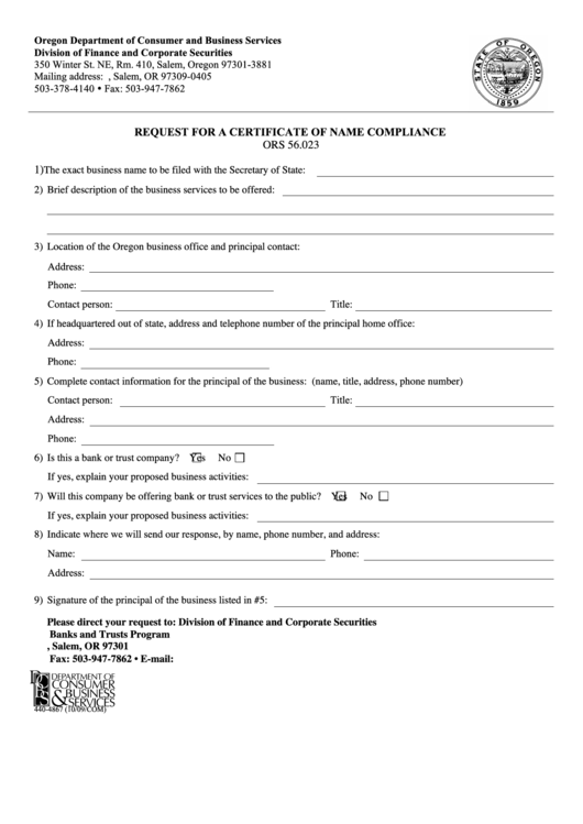 Request For A Certificate Of Name Compliance - Oregon Department Of Consumer And Business Services Printable pdf