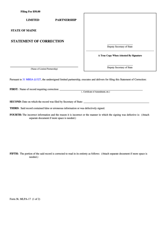Fillable Form Mlpa-17 - Statement Of Correction Printable pdf