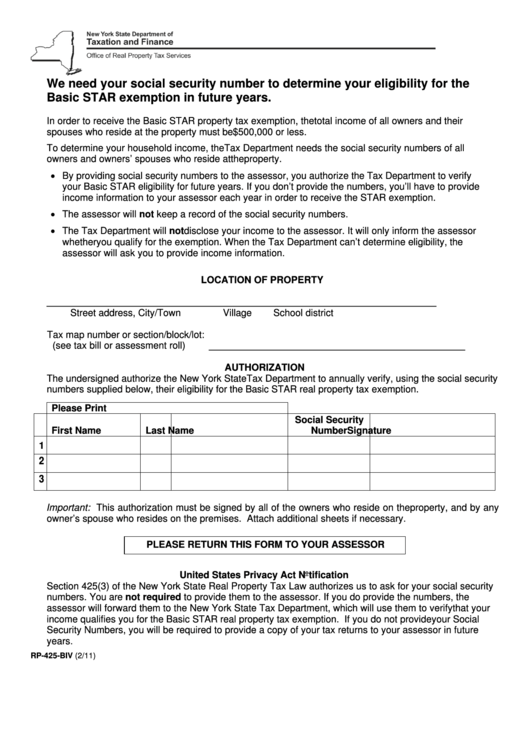 Form Rp-425-Biv - Basic Star Exemption Eligibility Determination Printable pdf