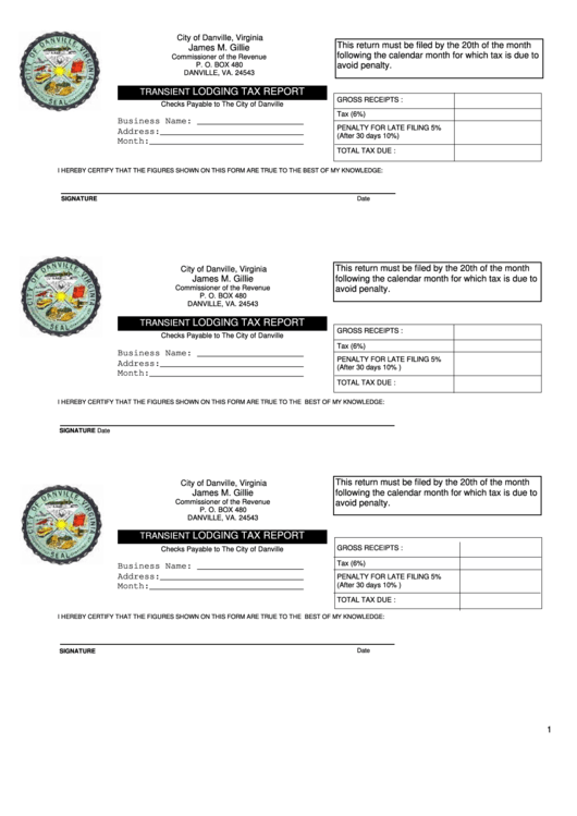 Transient Lodging Tax Report Form - Commissioner Of The Revenue City Of Danville, Virginia Printable pdf