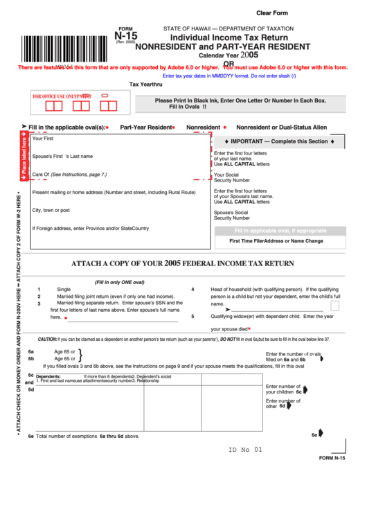 Fillable Form N 15 Individual Income Tax Return Nonresident And Part 