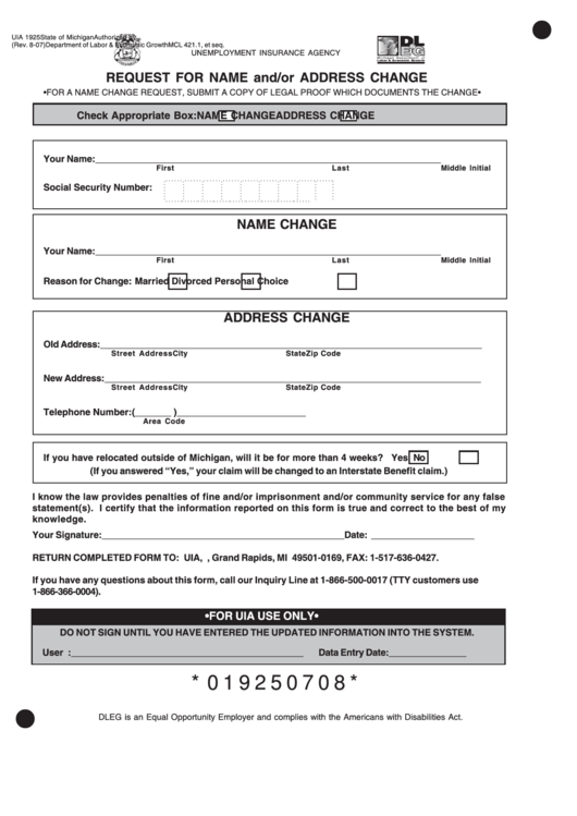 Fillable Form Uia 1925 - Request For Name And/or Address Change - 2007 Printable pdf